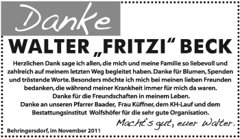 Traueranzeige von Walter Beck von Pegnitz-Zeitung